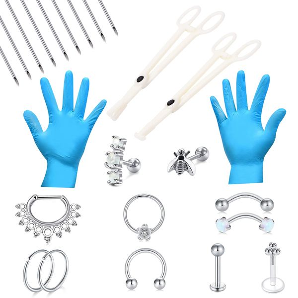 16G Ear Piercing kit, Disposable Piercing Forceps Septum Clamps with 16G Piercing Needles Set Surgical Stainless Steel Silver Eyebrow Cartilage Earrings Septum Lip Nose Septum Ring