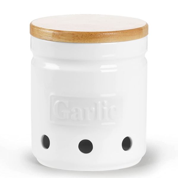 ONTUBE Large Garlic Keeper with Wooden Lid, Ceramic Garlic Holder Storage, Garlic Container for Kitchen, Garlic Saver to Keep Your Garlic Cloves Fresh Longer 4.5-Inch, White