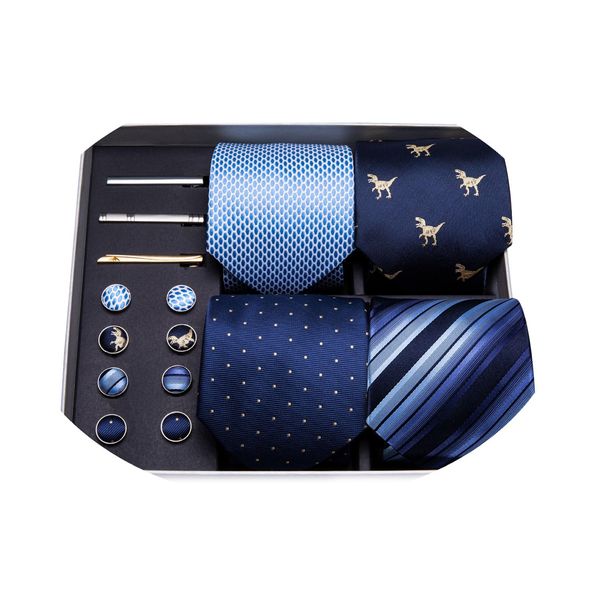 Barry.Wang Blue Ties,Gift for Men Silk Necktie Set Pocket Square Clips