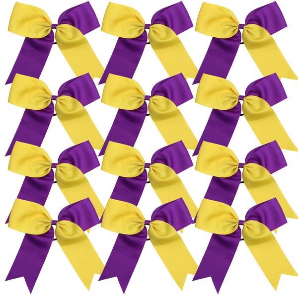 Cheerleading Bow Jumbo Cheer Bows 12 Pcs 7 Inch Ponytail Holder Cheerleader Bows Hair Tie (Yellow/Purple)