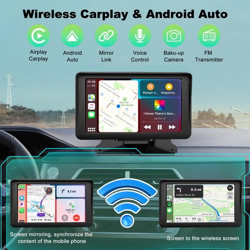 Apple Carplay Screen for Car, 7" HD Portable Wireless Touch Screen for Apple Carplay & Android Auto, with 1080P Backup Camera, Car Play Tablet, GPS Navigation/Mirror Link/Bluetooth/FM/Voice Control