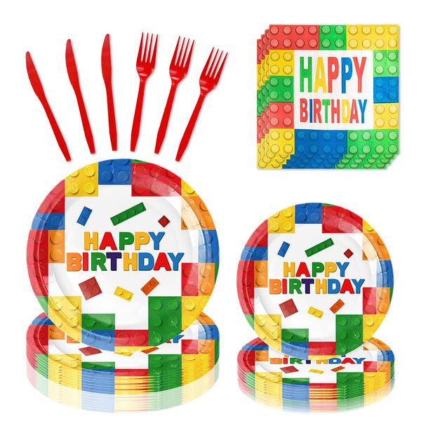 120 Pcs Building Blocks Birthday Paper Plates Napkins, Building Blocks Party Supplies Tableware Set for 24 Guests, Building Blocks Themed Birthday Party Decorations for Kids Boys Girls Baby Shower