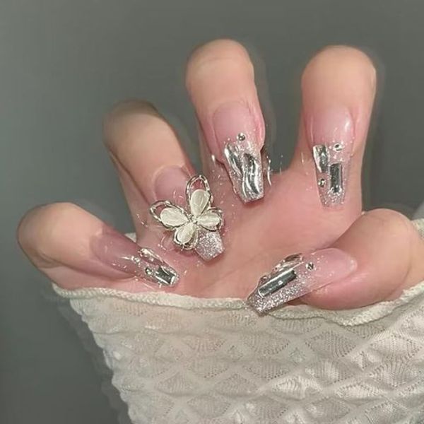 Nail tips, fake nails, cute, fake nails, 24 pieces, glittery, shiny, wedding nail tips, bridal nails, nails, double-sided tape, 3D nails, stylish, Korean, nail supplies, reusable, fake nails, nail tips, foot nails (A2)