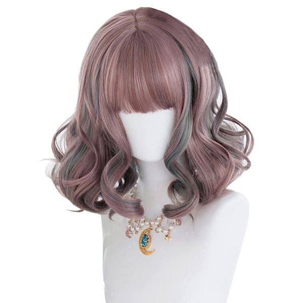 Harajuku Style GAL Series Wig, Lolita, Cosplay Wig, Heat Resistant, Women's, Pink, Gray, Mesh, Semi-Long, Curly Hair, Gothic Lolita, Forest Girl, Yume, Cute, Princess, Small Face, Party, Fancy Dress, Everyday Wig