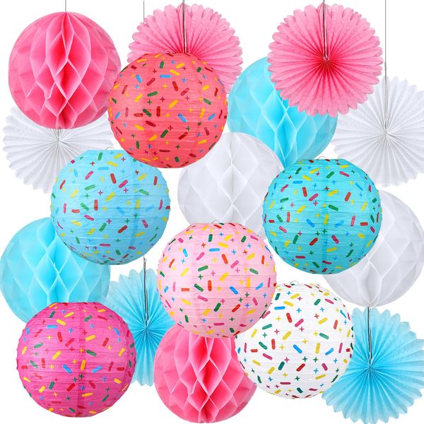 Riakrum 18 Pcs Donut Birthday Party Decorations Round Donut Lanterns Sprinkle Hanging Paper Lanterns Sweet Candy Honeycomb Balls Paper Fans for Ice Cream Birthday Party Decor Baby Shower Supplies