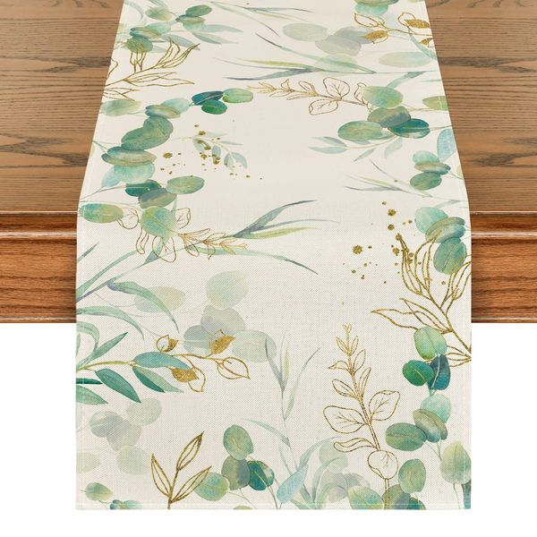 Artoid Mode Green Eucalyptus Leaves Summer Table Runner, Seasonal Wedding Kitchen Dining Table Decoration for Home Party Decor 40x140 cm