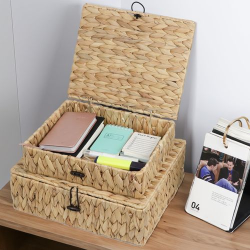 ORDELITE Water Hyacinth Basket with Lid, Rectangular Wicker Storage Basket Bins with Lid, Decorative Woven Basket Boxes for Storage Home Organizer (12.8" x 11" x 4.1")