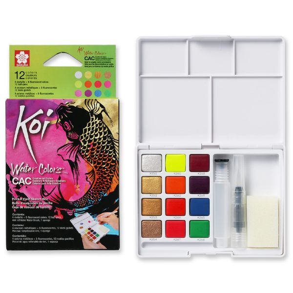 SAKURA Koi Pocket Field Sketch Kit - Watercolor Sets for Painting On the Go - 12 Colors - 1 Water Brush - 1 Sponge - 1 Palette