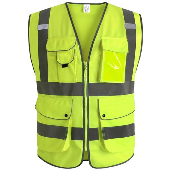 XIAKE 9 Pockets Class 2 High Visibility Reflective Safety Vest Men Women Work Construction Vest Zipper Front Meets ANSI Standards(Yellow,Large)