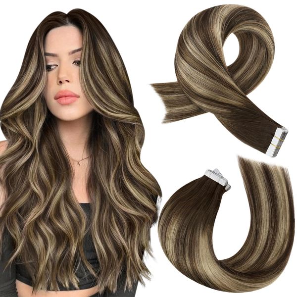 Tape in Extensions Echthaar Remy Haarverlängerungen Echthaar Extensions Tape Dunkelbraun und Karamellblond Invisible Tape Extensions Echthaar 35 cm 20 Stück/50g #4/27/4