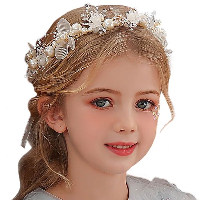 Campsis Princess Flower Crystal Headpiece Rhinestone Pearl Headband Alloy Floral Bridal Hair Accessories Communion Wedding Prom Photography for Girls and Women (Gold)