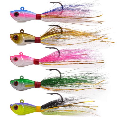 Bucktail Jigs Saltwater Lures,3/5PCS Bucktail Hair Jigs Head Fishing Lure Baits Assorted Kit for Bass Striper Bluefish Surf Fishing 1/4oz 1/2oz 1oz 1.5oz 2oz