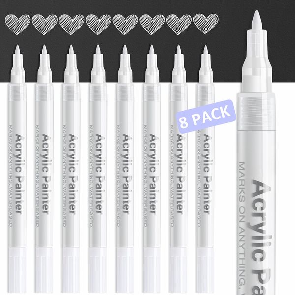 AKARUED White Paint Pen Acrylic Marker: 8 Pack 0.7mm White Paint Marker for Black Paper, Metal, Wood, Plastic, Ceramic, Metallic, Rock Painting, Drawing, Extra Fine Point, Ideal for Artist & Students