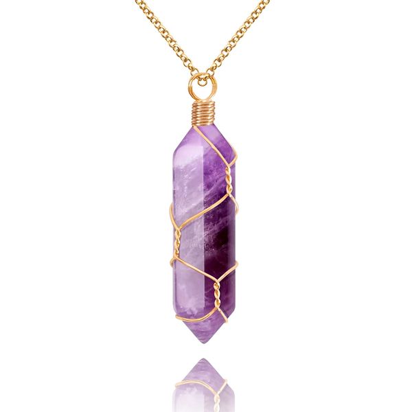 VIBILIA Healing Crystal Necklace Wire Wrapped Natural Amethyst Stone Point Pendant Necklace Hexagonal Reiki Spiritual Quartz Gemstone Stone Jewelry for Women Men