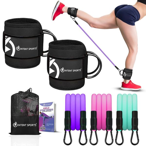 INTENT SPORTS Ankle Resistance Bands with Cuffs, Ankle Bands for Working Out, Leg Butt Workout Equipment for Kickbacks Hip Gluteus Training Exercises, Ankle Strap with Exercise Bands for Women