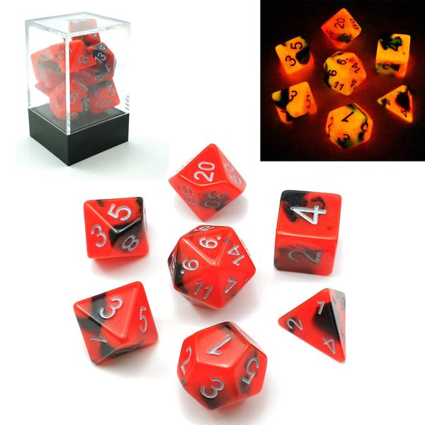 Bescon Two-Tone Glow-in-the-Dark Polyhedral Dice Set HOT ROCKS, Luminous RPG Dice Set d4 d6 d8 d10 d12 d20 d% in Brick Box