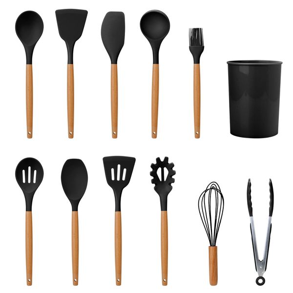 11-Piece Silicone Cooking Utensil Set with Heat-Resistant Wooden Handle - Spatula, Turner, Ladle, Spaghetti Server, Tongs, Spoon, Egg Whisk, and more! - Black