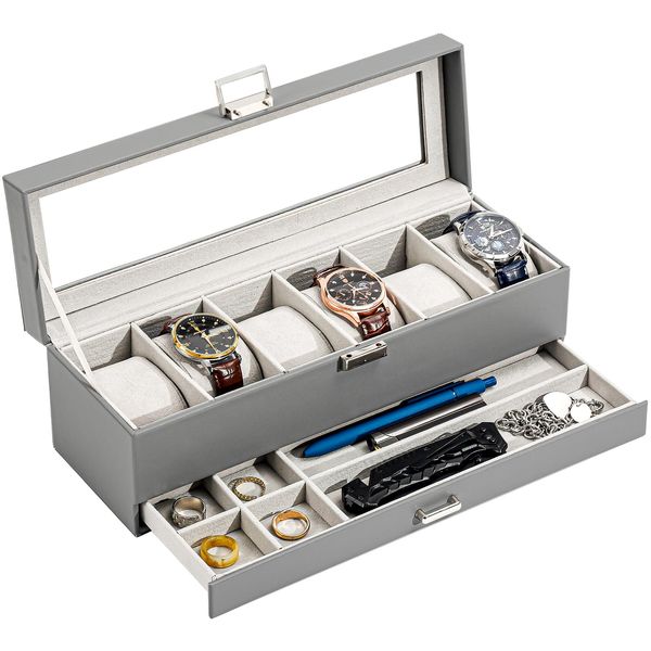 ProCase Watch Box Organizer for Men, 6 Slot Watch Display Case with Drawer, Father's Day Gift Mens Watch Holder Watch Case for Men, 6 Watch Box 2-layer Jewelry and Watch Storage Case -Grey