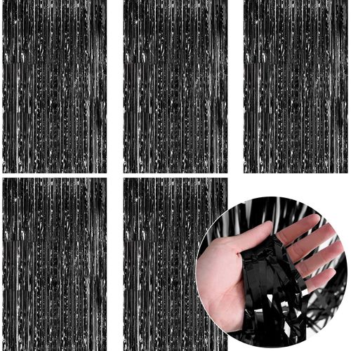 Black Streamers for Black Party Decorations-SINBEE Black Foil Fringe Curtain Black Birthday Decorations Black Fringe Backdrop for Halloween- 5 Packs