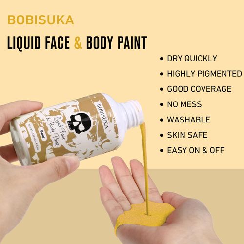BOBISUKA Gold Face Body Paint Liquid Texture Washable Non Toxic Facepaint Fast Drying Metallic Gold Foundation Makeup for Halloween Cosplay SFX Costume Party Large Capacity(130ml)