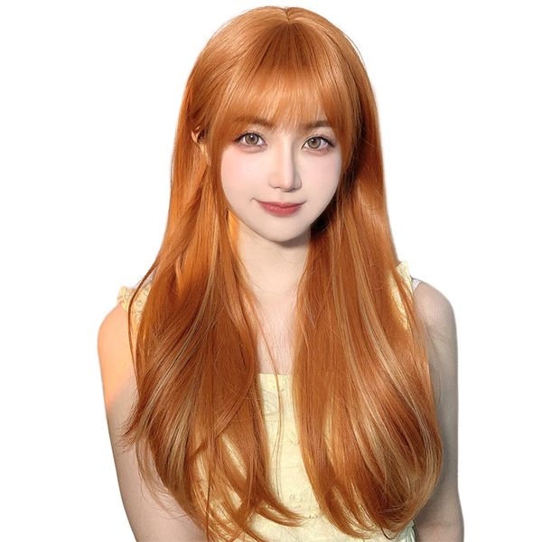 BARSDAR Wig, Long, Curly Hair, Inner Color, Full Wig, Wave, Natural, Bangs, Small Face, Heat Resistant, Stylish, Halloween, Costume, Women's, Wig, Hairnet, Comb Included (Orange x Flax Gold)