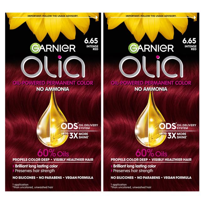 Garnier Olia Hair Color, Oil Powered Ammonia Free Permanent Hair Dye for Long-Lasting Hair Color, 6.65 Intense Red, 2 Hair Dye Kits