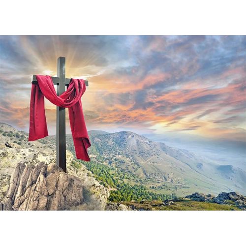 BELECO 9x6ft Fabric Resurrection of Jesus Cross Easter Backdrop Holy Light Mountain Background Bible Pray Christian Church Event Party Decorations Easter Crucifixion Religious Belief Background