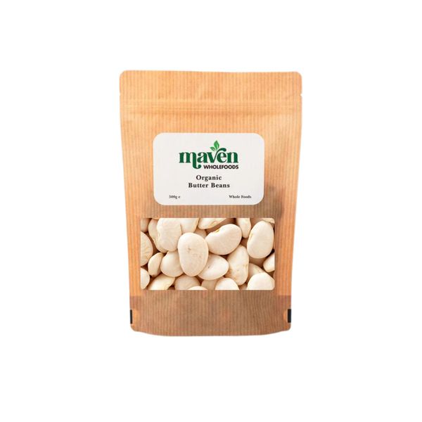 Maven wholefoods Organic Butter Beans 500g | Raw | GMO Free | High Fibre & Protein | Certified Organic | Suitable for Vegetarian & Vegan | Packed Fresh in Resealable Bags