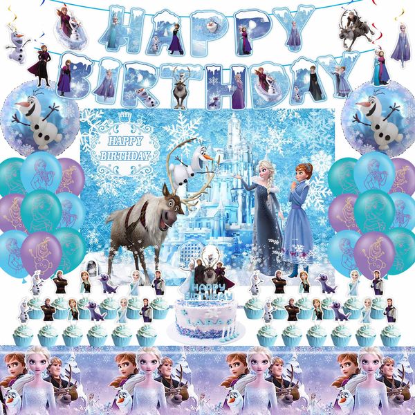 Frozen Birthday Party Supplies, Frozen Party Decorations Include Birthday Banner, Frozen Balloons, Backdrop, Tablecloth, Hanging Swirls for Kids Girls