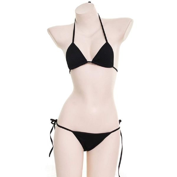Masonanic Striped Bikini, String Pants, Bra, Knee-High, 3-piece Set, Cosplay, Micro Triangle Bikini, Black