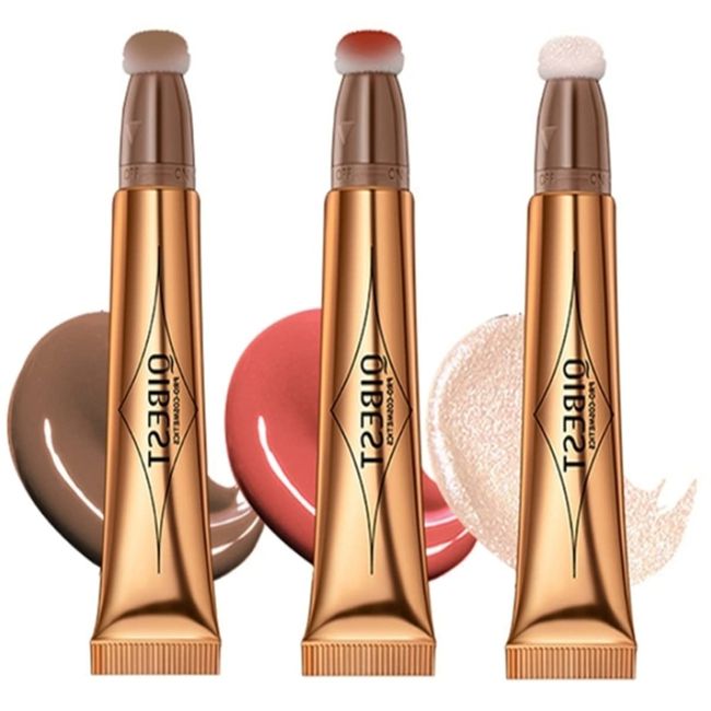 Flüssige Kontur Beauty Wand, Gesichts Highlighter und Bronze Stick mit Kissen Applicator befestigt, Schimmer lange anhaltende seidige Creme Gesicht Highlighter Bronze Make-up Stick (#3PCS (01-03-04))