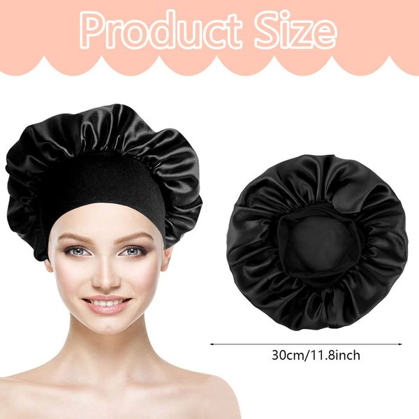 nuoshen 2 Pack Satin Bonnet with Wide Elastic Band, Satin Bonnets Elastic Hat Soft Sleeping Head Cover for Night Sleep Curly Hair Protection Head Cover (Black+Pink)