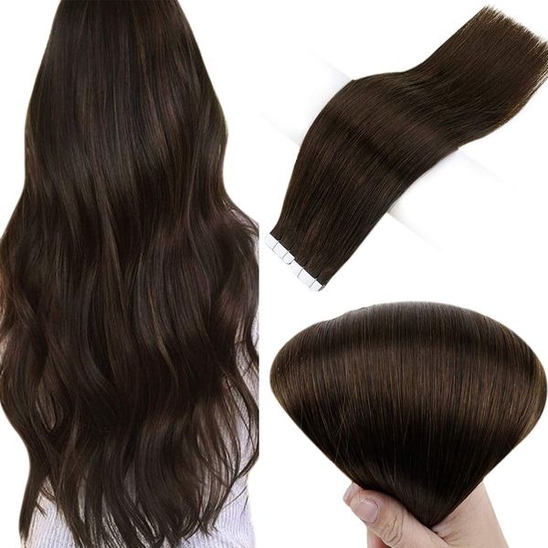 Full Shine Tape in Hair Extensions 16 Inch Tape in Human Hair Extensions Color 2 Dark Brown Double Sided Tape Hair 40 Pcs 100 Gram Per Set Skin Weft Tape Extensions