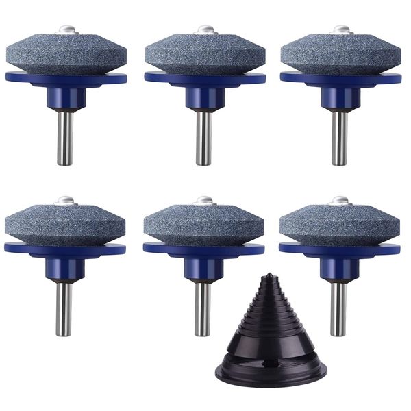 KAHEIGN 6Pcs Lawn Mower Blade Sharpener, 5CM Universal Multi-Sharp Grinder Wheel Stone Rotary Lawnmower Sharpener with Blade Balancer for Most Power Drill Hand Drill (Blue)