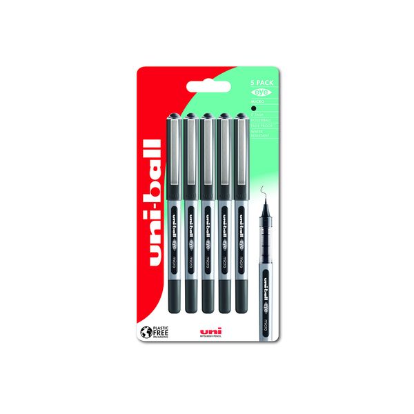 uni-ball UB-150 Eye Black Rollerball Pens. Premium Micro 0.5mm Ballpoint Tip for Super Smooth Handwriting, Drawing, Art, Crafts and Colouring. Fade and Water Resistant Liquid Uni Super Ink. 5 Pack