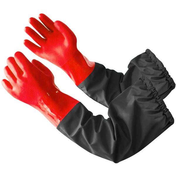 Eiito Pond Gloves, Long Rubber Gloves -Waterproof Gloves elbow Length Rubber Gloves, 25-inch Drain Cleaning Gloves,Extra Long Sleeve Full Arm Gloves for Women/men(Red, L)