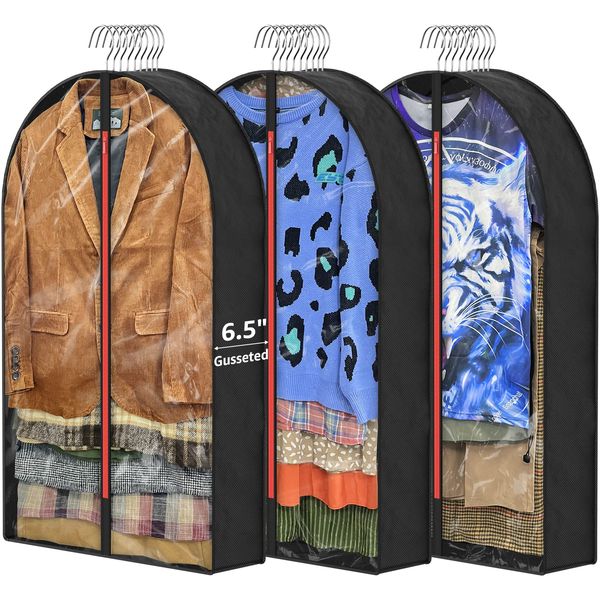 6.5" Gussetes Garment Bags for Hanging Clothes Closet Storage, 40" Moth Proof Suit Cover Suits with Zipper, Clear Hanging Clothes Bag Protecting Winter Coat Sweater Jacket Shirts, 3 PACK