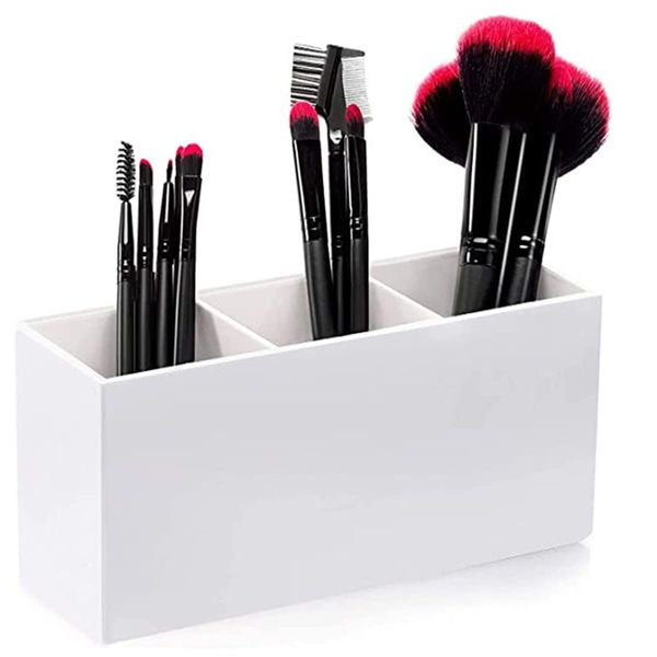 Clear Makeup Brush Organizer,3 Slot Acrylic Makeup Organiser Tray,Office Desk Stationery Storage Holder Makeup Box Units for Bathroom Drawers, Cosmetic Brushes Storage Eyeliners Display Holder