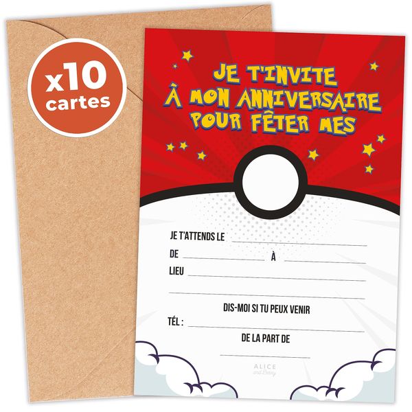 aliceandberry Manga Birthday Invitation Cards | Pack of 10 Invitations and 10 Kraft Envelopes | Manga Theme for Girls and Boys Age 5-11 | Easy Party Organisation