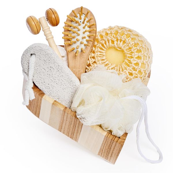 Bella Ciao Skin and Body Care Set - Face Massage Roller, Hair Brush, Pumice Stone, Loofah, Exfoliating Sponge, Wooden Tray Gift Baskets For Women Bath Sets Birthday Gifts for Women Spa Gifts for Women