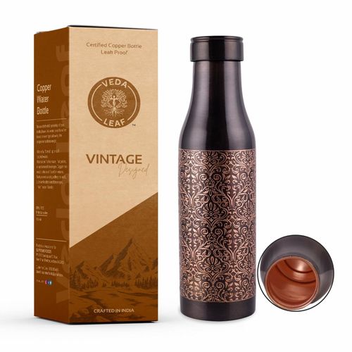 Copper Water Bottle, 950 ML (32.5 Oz) Antique Design, Handcrafted Ayurvedic C...