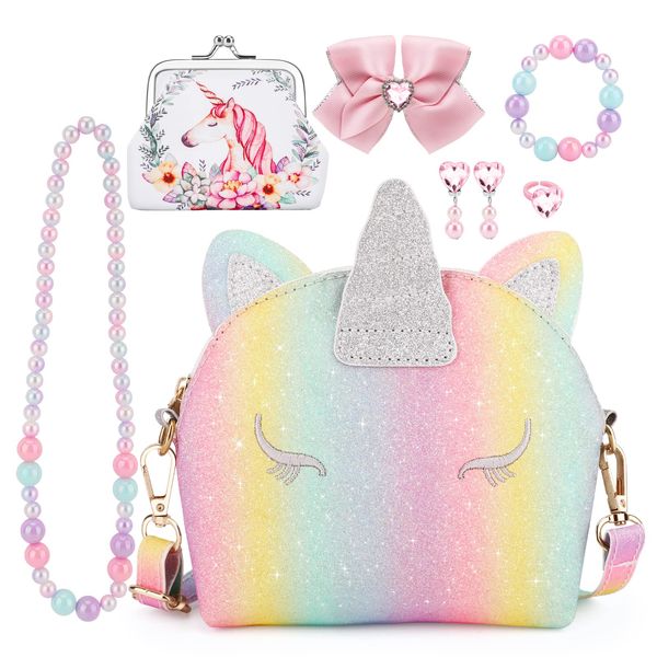 JYPS Unicorn Purse for Little Girls, 7Pcs Cute Crossbody Bags with Kids Dress Up Jewelry Set Pretend Play Accessories, Birthday Presents Gifts Toy for Girl, Toddler