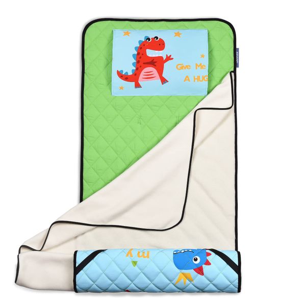 KRAND Toddler Nap Mat for Daycare with Cotton Inside Cozy Kid Travel Sleeping Bag with Pillow Perfect for Standard Daycare Cot (Brave Dinosaur)