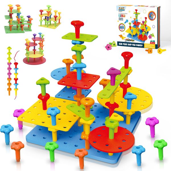 Peg Board Toy set 65Pcs DIY Building Stacking Toys for kids 3-6 Years Old,STEM Educational Kids Toys for Brain Development,Montessori Sensory Toys,Upgrade various foam board plastic nail rope games