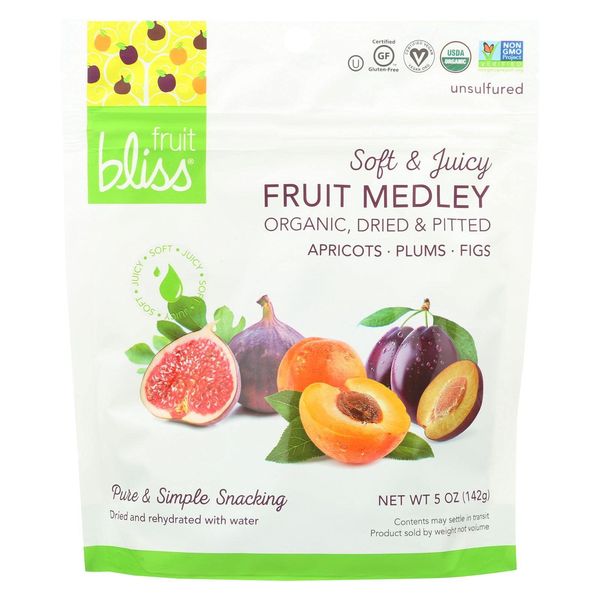 Fruit Bliss Dried Fruit Mix – Fruit Medley of Organic, Dried & Pitted Apricots, Plums & Figs - Organic Fruit Snacks, Dried Fruit Snacks, Resealable Pouches, Gluten-Free Vegan Snacks (6 Pack, 5 oz)