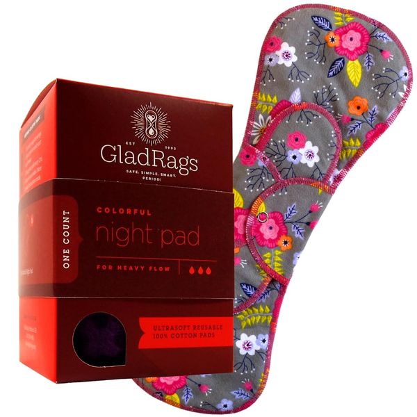 GladRags Reusable Cloth Night Pad (1-Pack) - 100% Cotton Reusable Menstrual Pad, Washable Absorbent Overnight Pad, Heavy Flow Period Pads, Customizable Absorbency, Washing Machine Safe