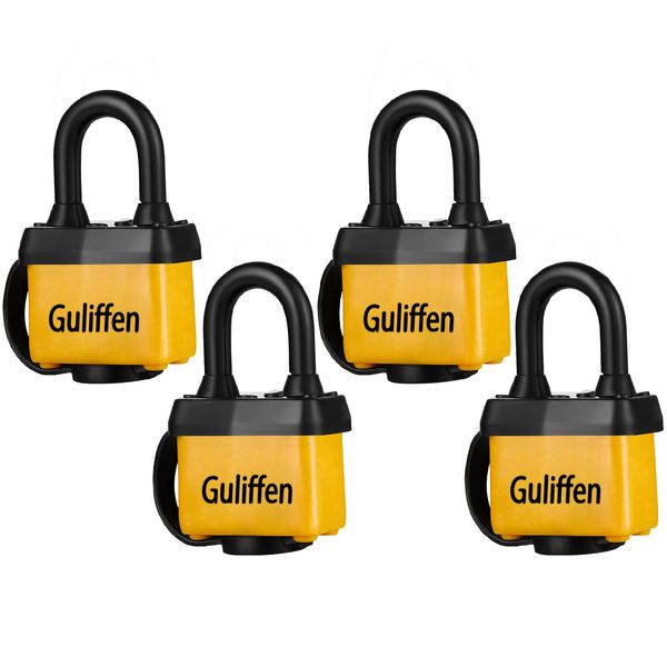 Guliffen Weatherproof Laminated Padlock with Key,4 Pack Outdoor Pad Locks with Same Key for Gate, Shed, Trailer, Storage, Chain