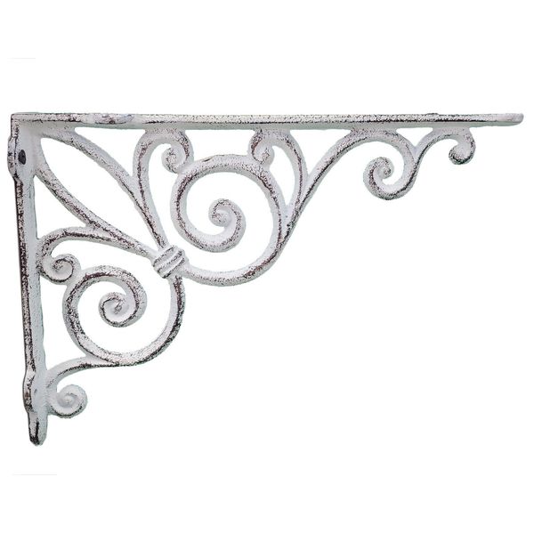 Shelf Bracket Ribbon Fleur De Lis Distressed White Cast Iron Brace 11.375" Deep