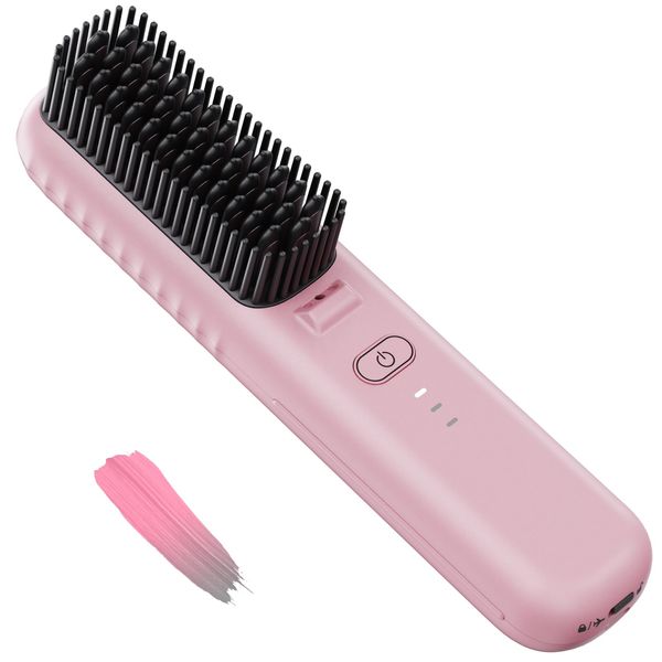 DALEEMIO Cordless Hair Straightener Brush, Portable Mini Straightening Brush for Travel, Negative Ion Hot Comb Hair Straightener for Women, Cherry Blossoms Pink