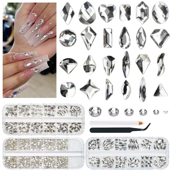 2750Pcs Crystal Clear Nail Rhinestones 240 Multi-Shapes Crystal White Rhinestones Big Gems Nail Charms+2510 Flatback Round Beads Glass Crystals Stones Nail Art for Arylic Nails Eyes Makeup Crafts DIY